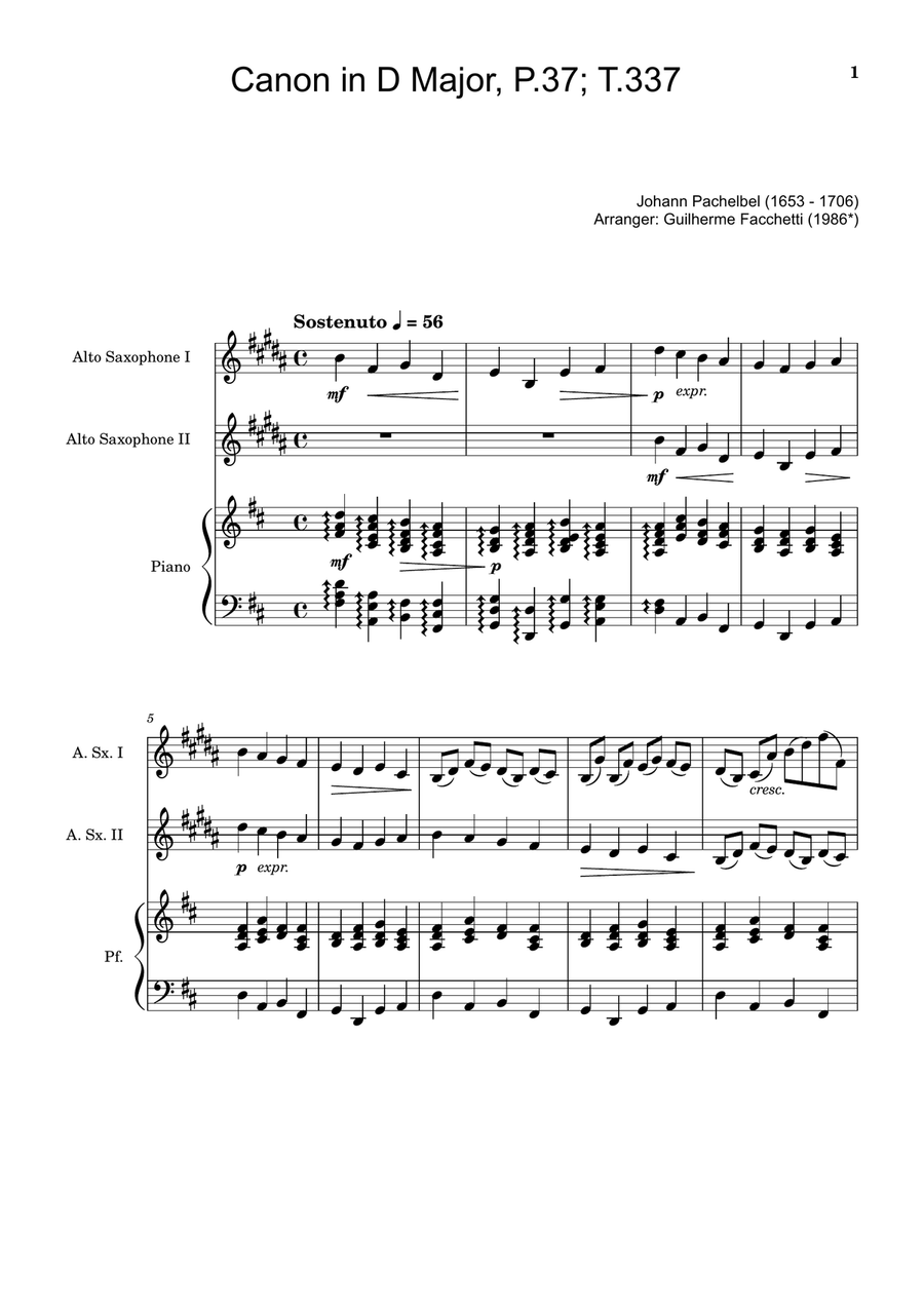 Canon in D Major, P.37; T.337. Arranged for Alto Saxophone Duet and Piano. Score and Parts Woodwind Duet scores gallery preview page 1