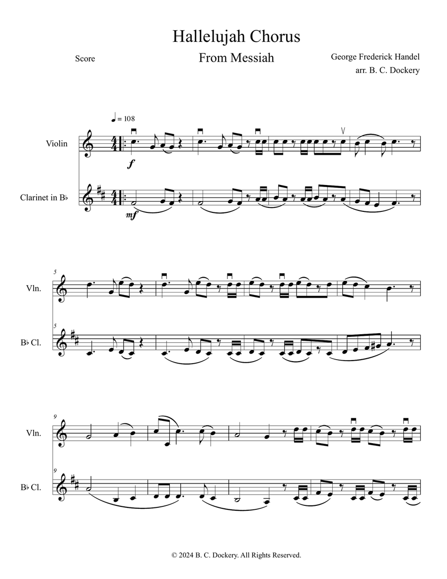 Hallelujah Chorus (from Messiah) for Violin and Clarinet Duet Clarinet Duet scores gallery preview page 1