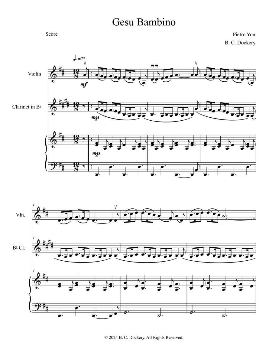 Gesu Bambino (Violin and Clarinet Duet with Piano Accompaniment) Clarinet Duet scores gallery preview page 1