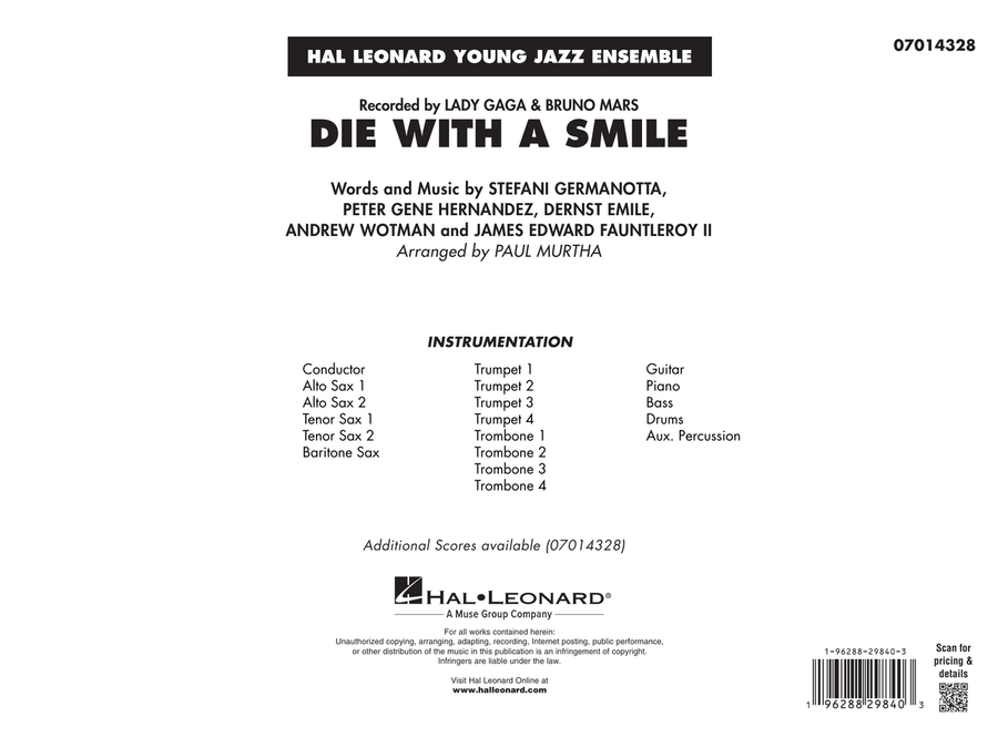 Die With A Smile (arr. Paul Murtha) - Conductor Score (Full Score) Concert Band scores gallery preview page 1