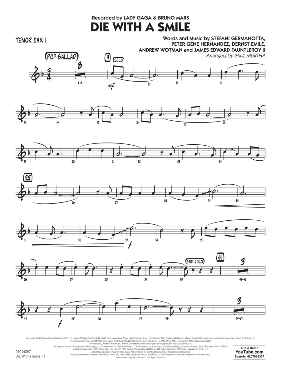 Die With A Smile (arr. Paul Murtha) - Tenor Sax 1 Concert Band scores gallery preview page 1