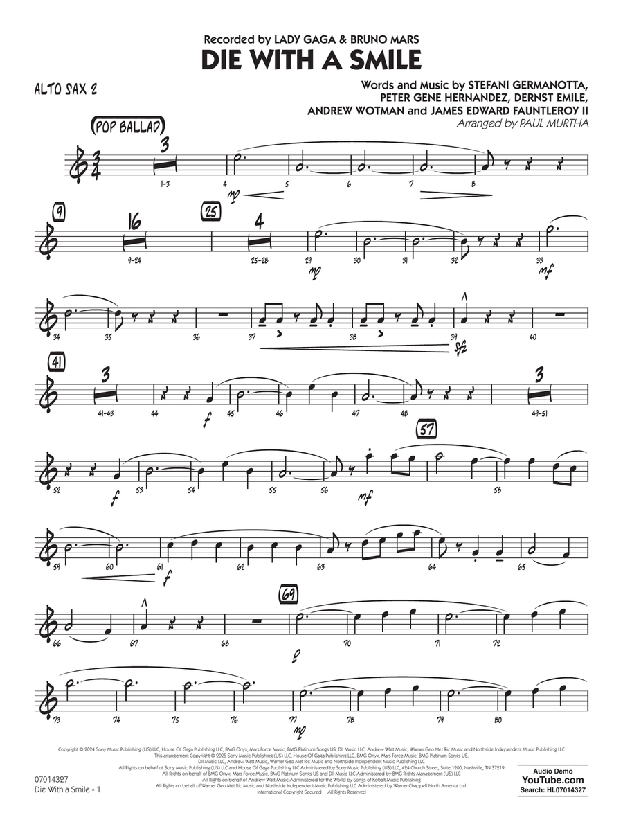 Die With A Smile (arr. Paul Murtha) - Alto Sax 2 Concert Band scores gallery preview page 1