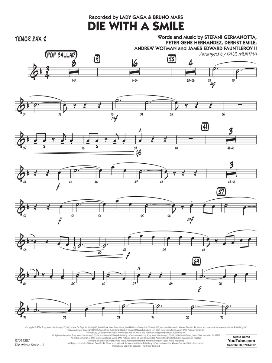 Die With A Smile (arr. Paul Murtha) - Tenor Sax 2 Concert Band scores gallery preview page 1