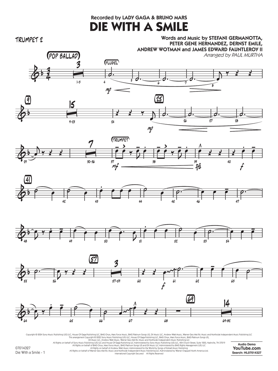 Die With A Smile (arr. Paul Murtha) - Trumpet 2 Concert Band scores gallery preview page 1