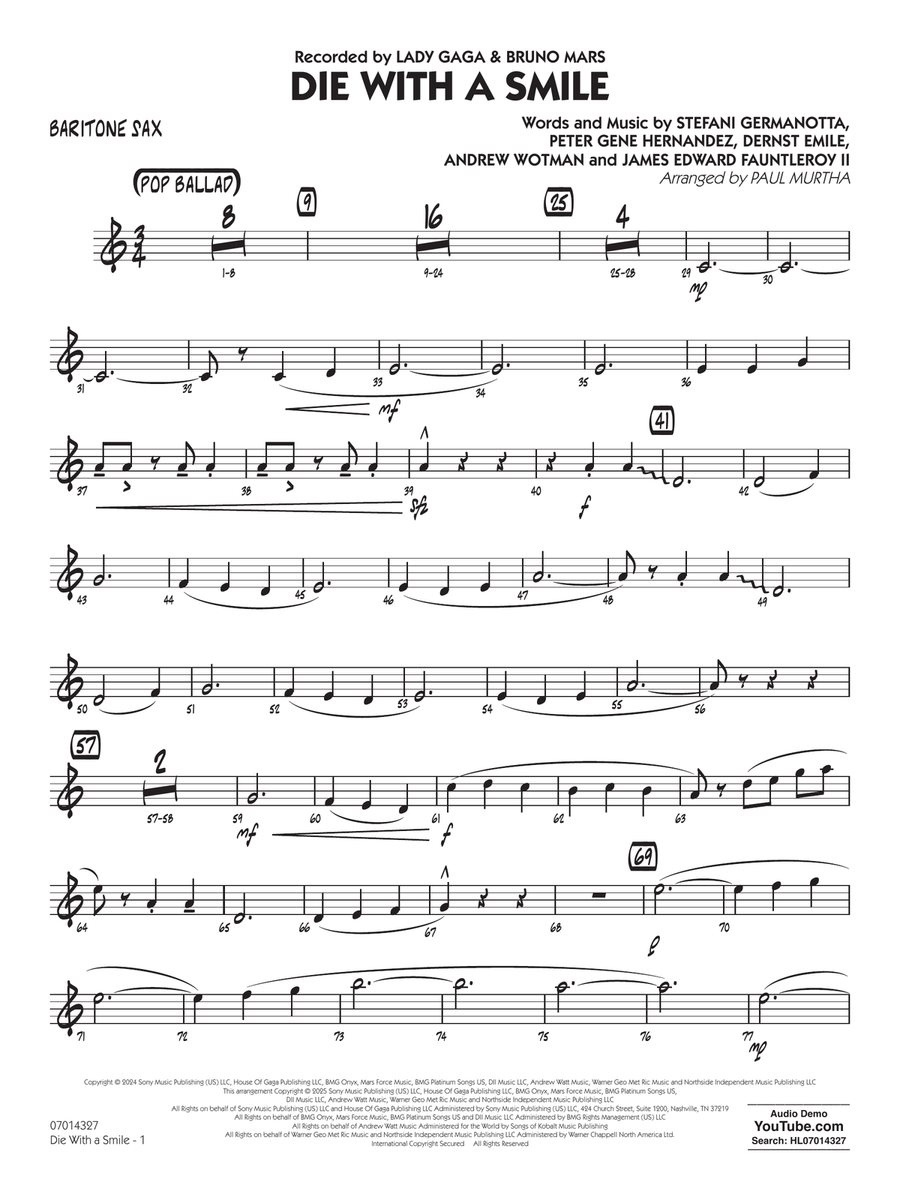 Die With A Smile (arr. Paul Murtha) - Baritone Sax Concert Band scores gallery preview page 1
