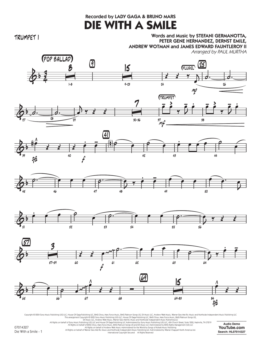 Die With A Smile (arr. Paul Murtha) - Trumpet 1 Concert Band scores gallery preview page 1