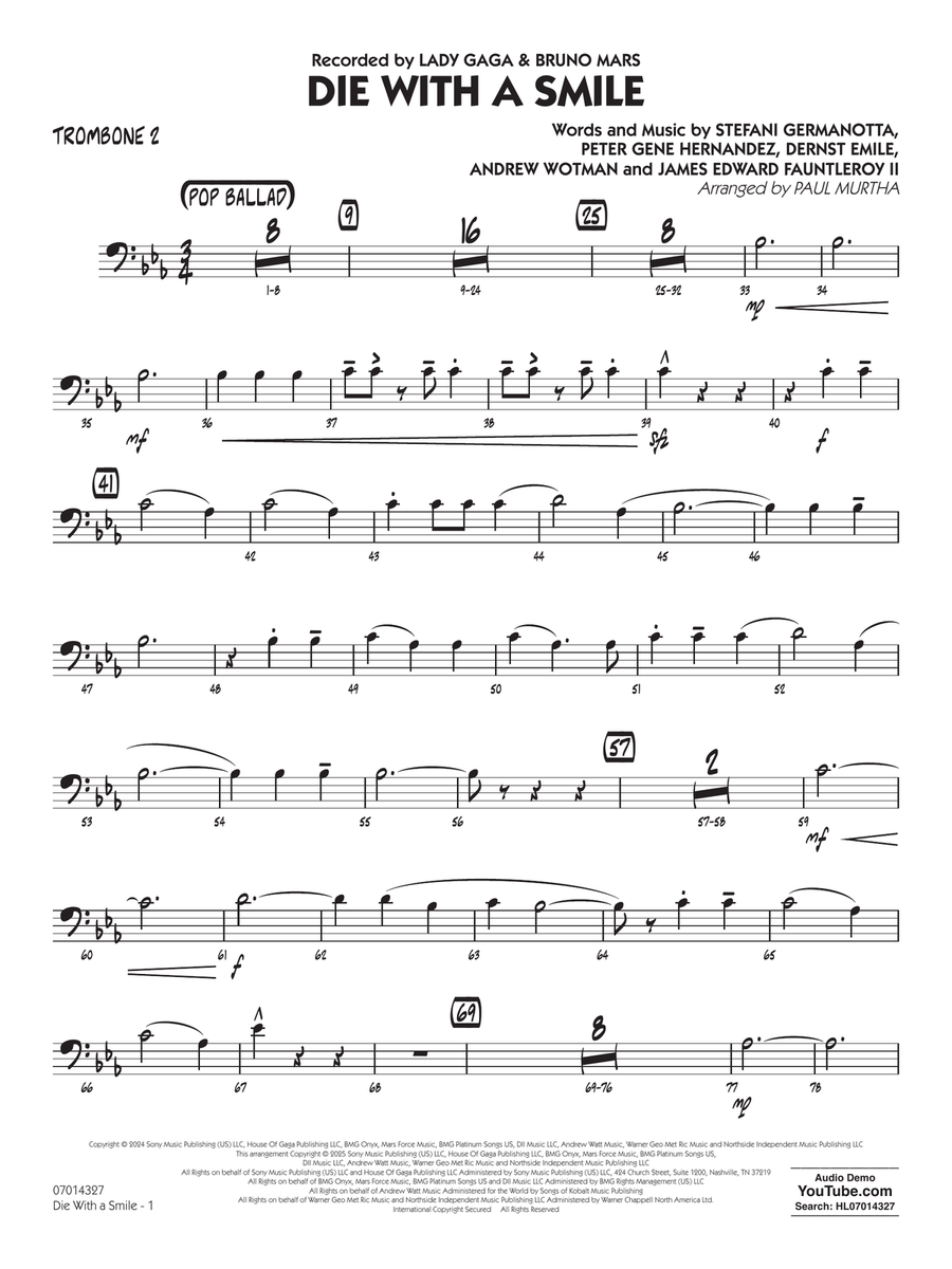 Die With A Smile (arr. Paul Murtha) - Trombone 2 Concert Band scores gallery preview page 1