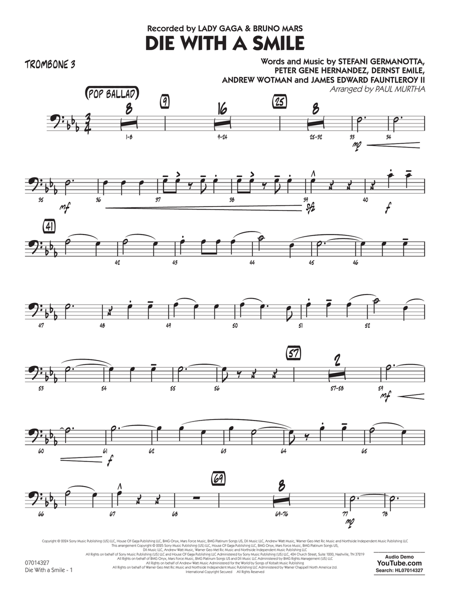 Die With A Smile (arr. Paul Murtha) - Trombone 3 Concert Band scores gallery preview page 1