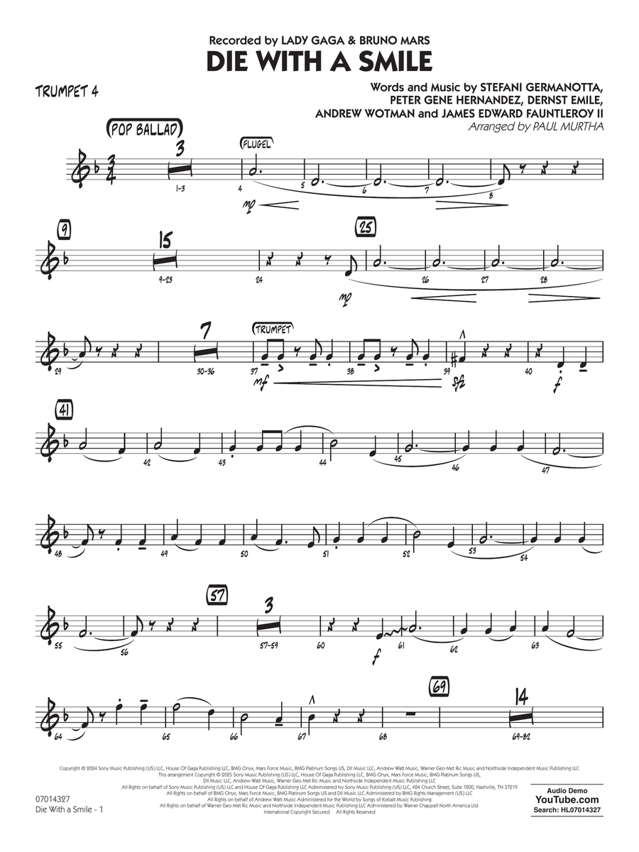 Die With A Smile (arr. Paul Murtha) - Trumpet 4 Concert Band scores gallery preview page 1