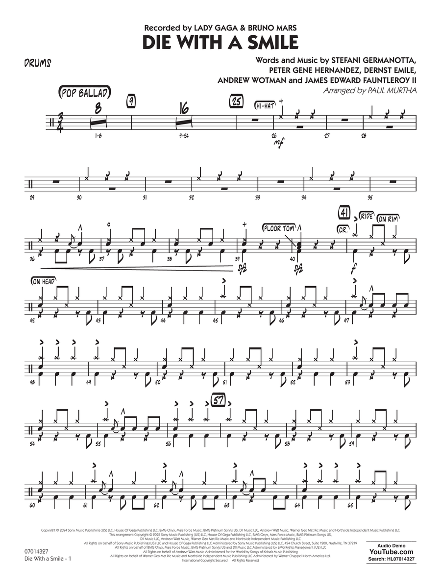 Die With A Smile (arr. Paul Murtha) - Drums Concert Band scores gallery preview page 1