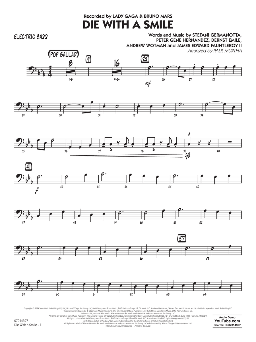 Die With A Smile (arr. Paul Murtha) - Bass Concert Band scores gallery preview page 1