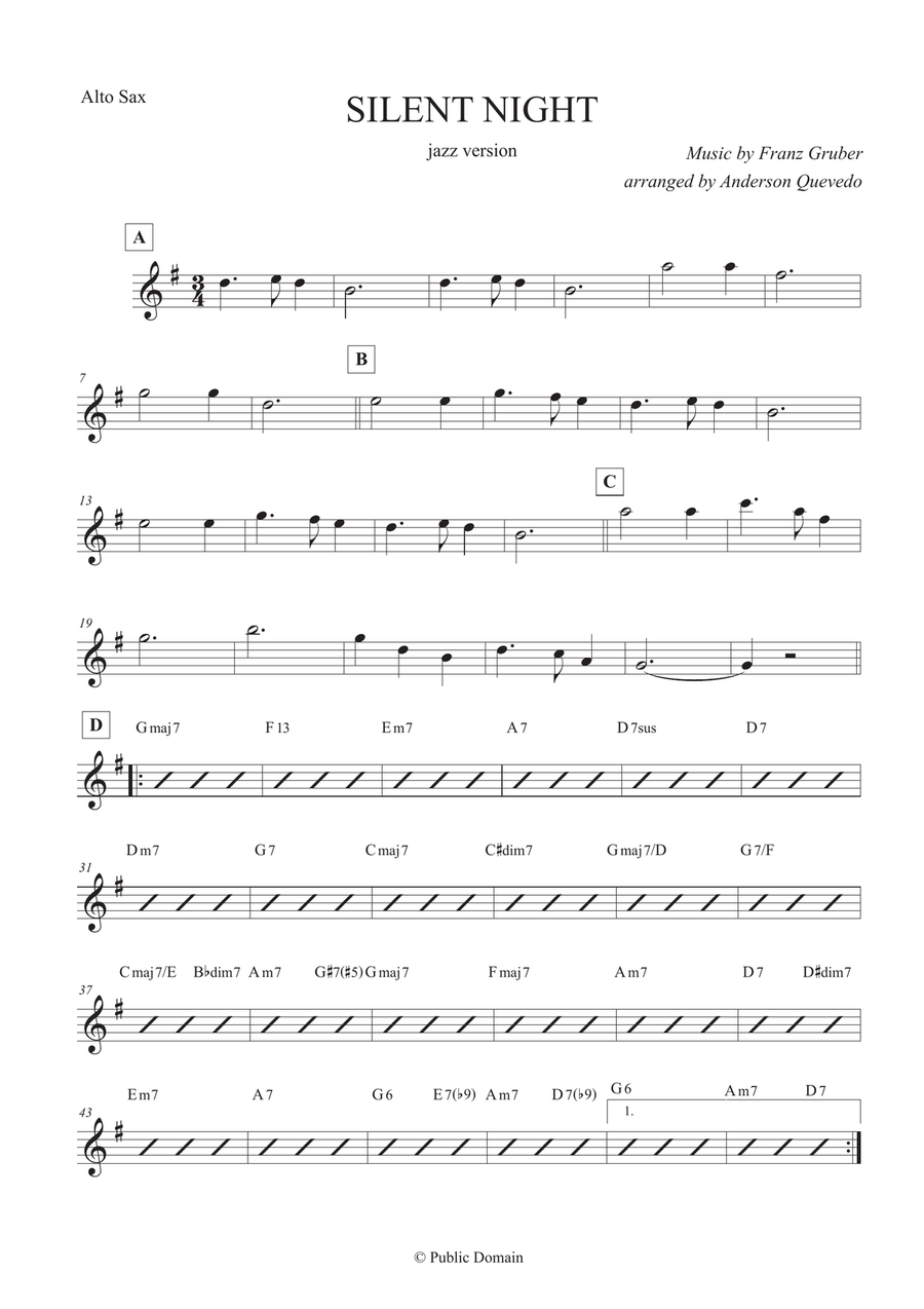 Silent Night For Alto Saxophone Alto Saxophone scores gallery preview page 1