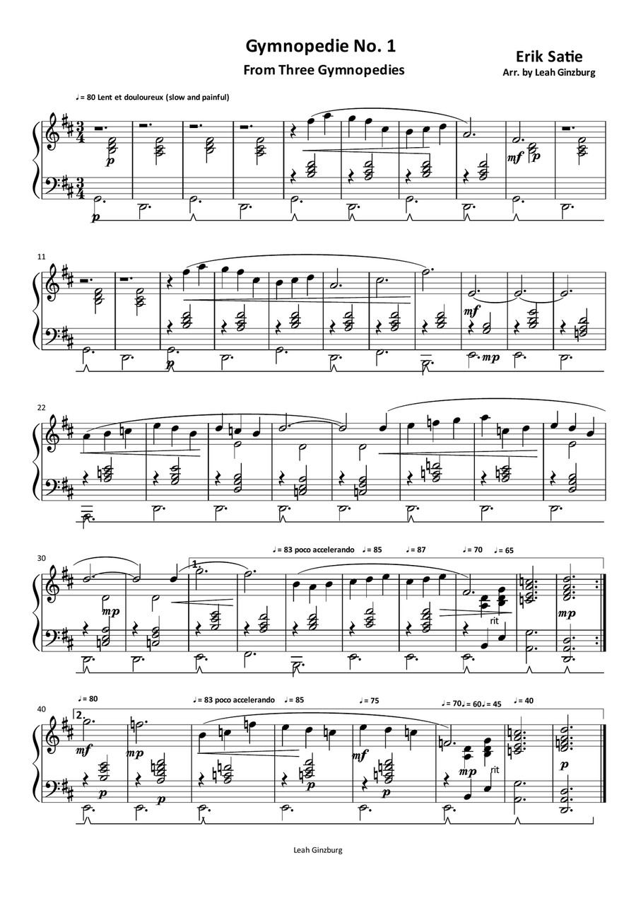 Gymnopedie No. 1 (From Trois Gymnopédies) by Erik Satie Piano Solo scores gallery preview page 1