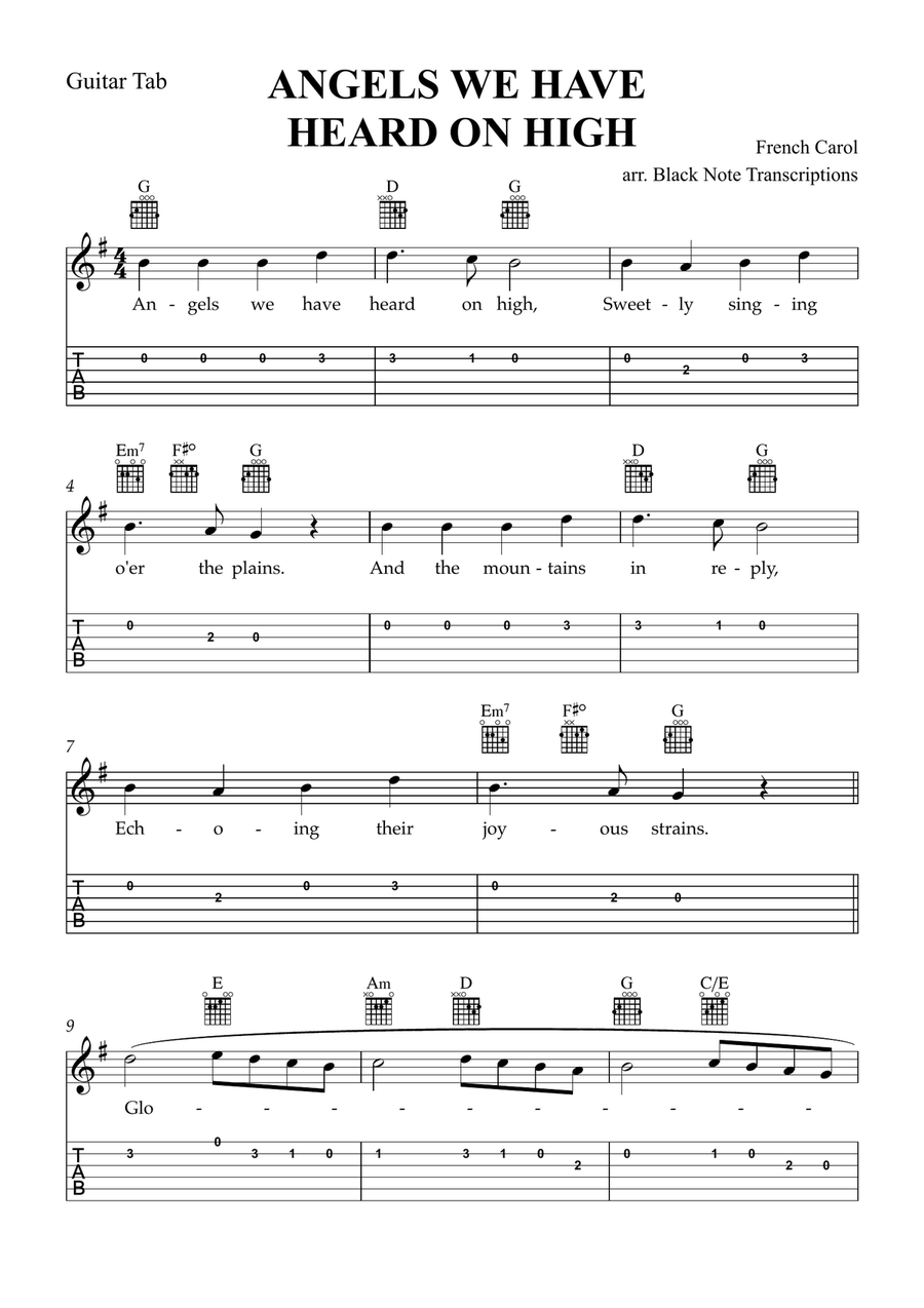 Angels We Have Heard on High (Guitar Tab Lead Sheet in G Major) Acoustic Guitar scores gallery preview page 1