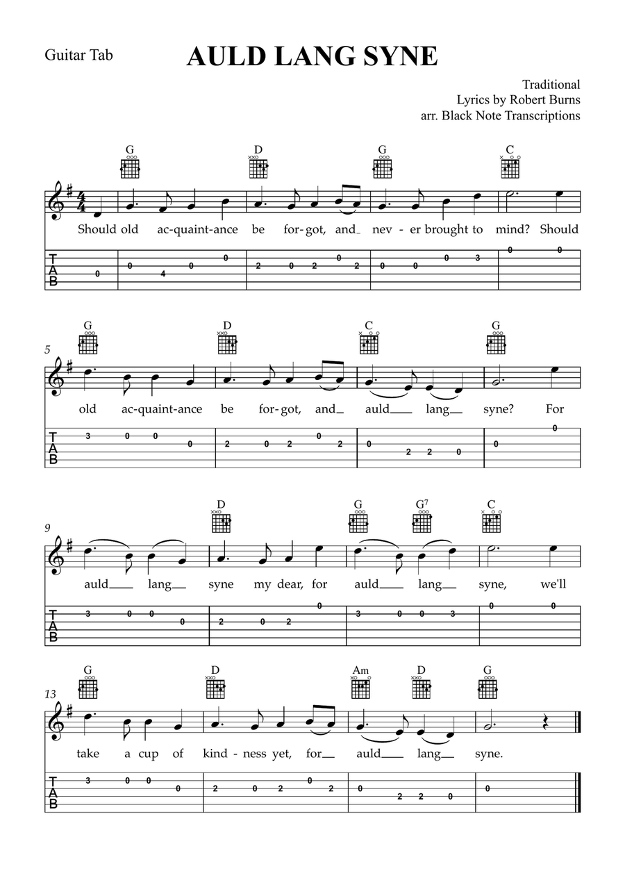 Auld Lang Syne (Guitar Tab Lead Sheet in G Major) Acoustic Guitar scores gallery preview page 1