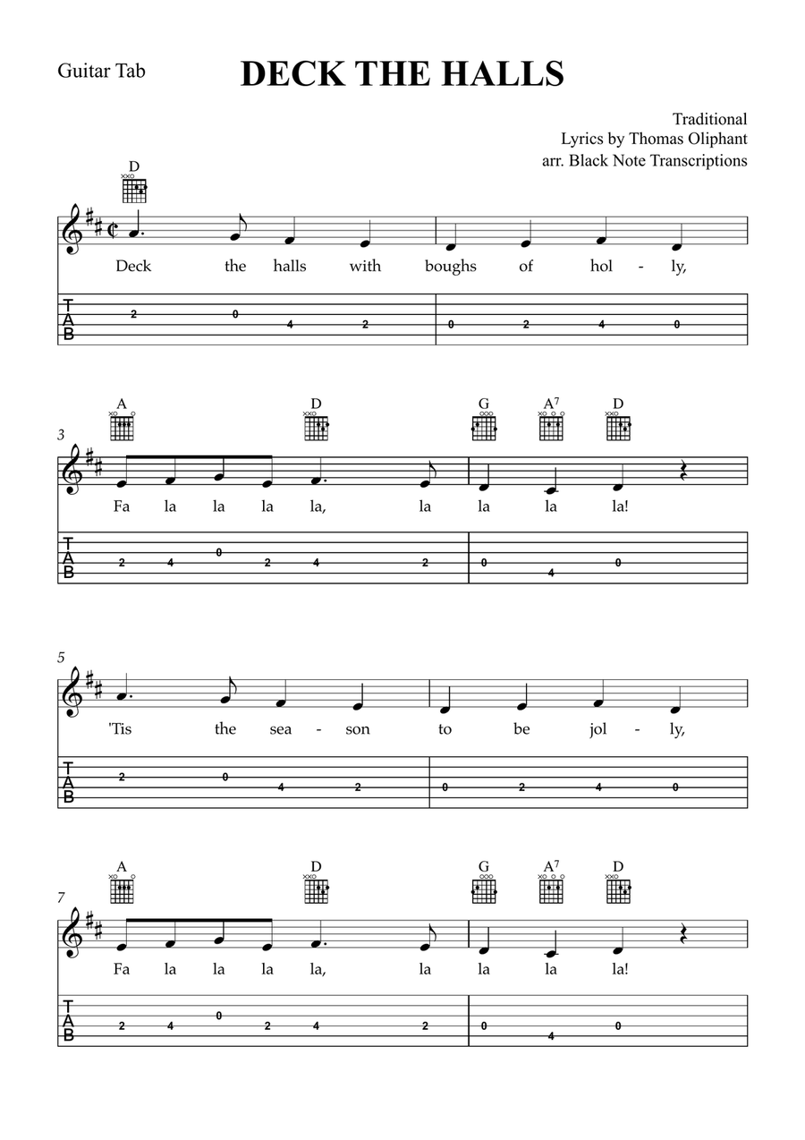 Deck the Halls (Guitar Tab Lead Sheet in D Major) Classical Guitar scores gallery preview page 1