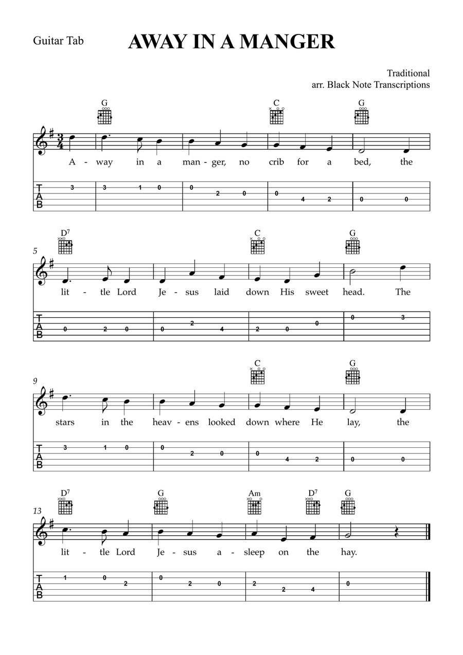 Away in a Manger (Guitar Tab Lead Sheet in G Major) Classical Guitar scores gallery preview page 1