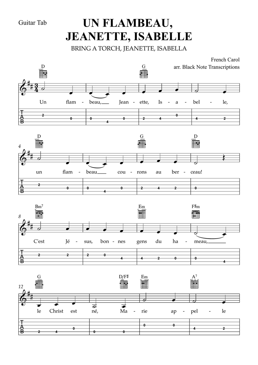 Un Flambeau, Jeanette, Isabelle (Bring a Torch, Jeanette, Isabella) (Guitar Tab Lead Sheet in D) Classical Guitar scores gallery preview page 1