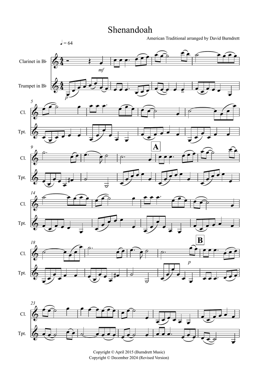 Shenandoah for Clarinet and Trumpet Duet B-Flat Clarinet scores gallery preview page 1