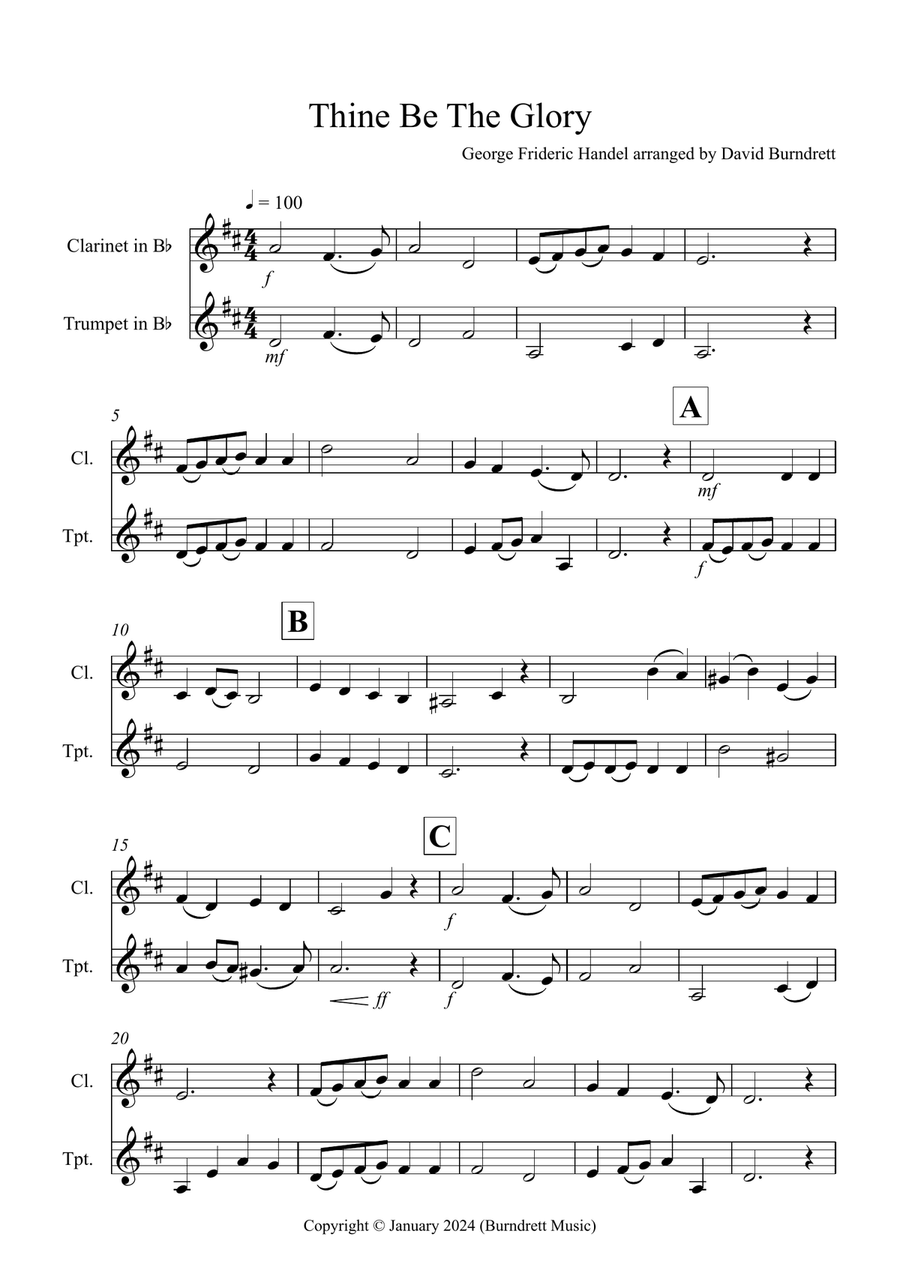 Thine Be The Glory for Clarinet and Trumpet in Bb B-Flat Clarinet scores gallery preview page 1