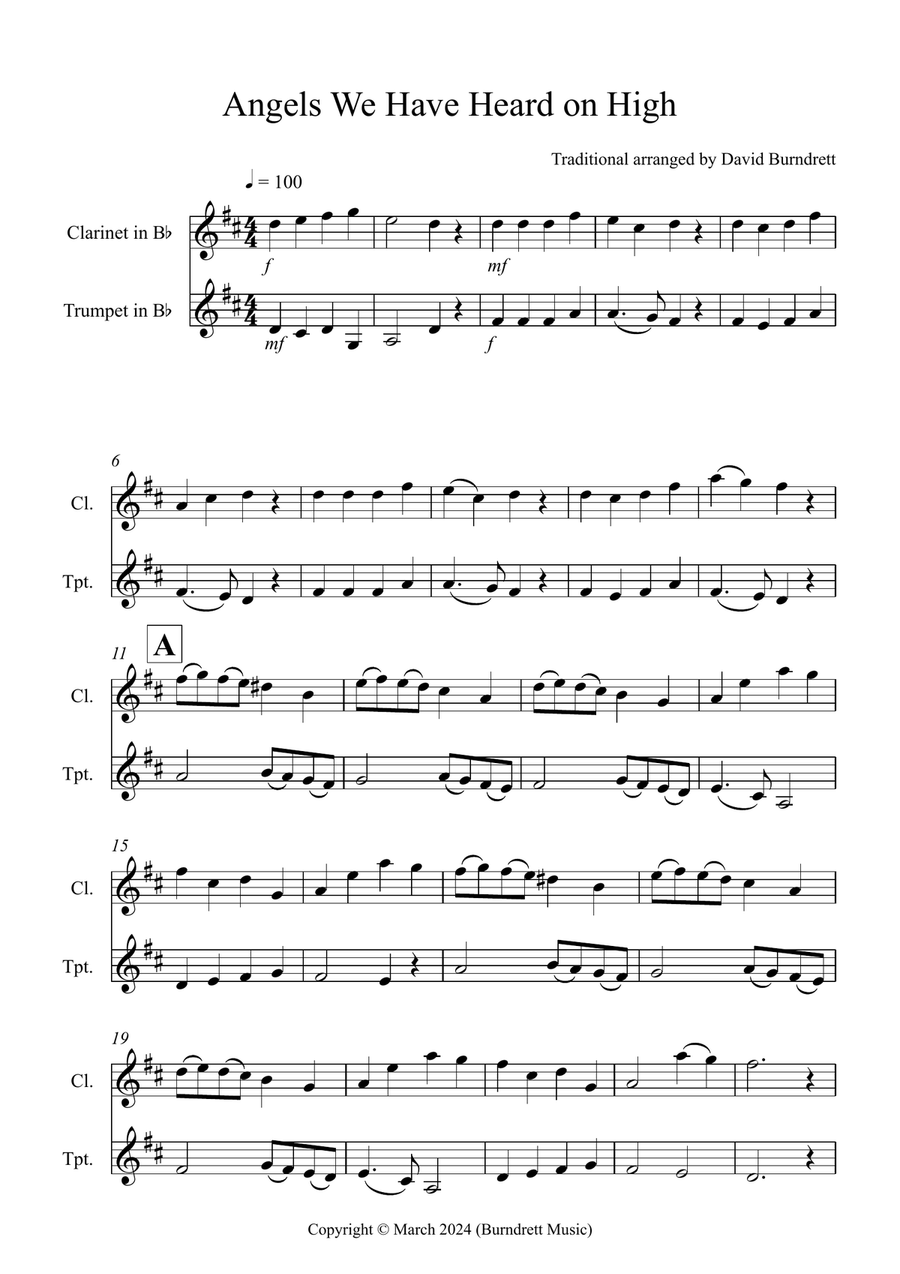 Angels We Have Heard on High for Clarinet and Trumpet Duet B-Flat Clarinet scores gallery preview page 1