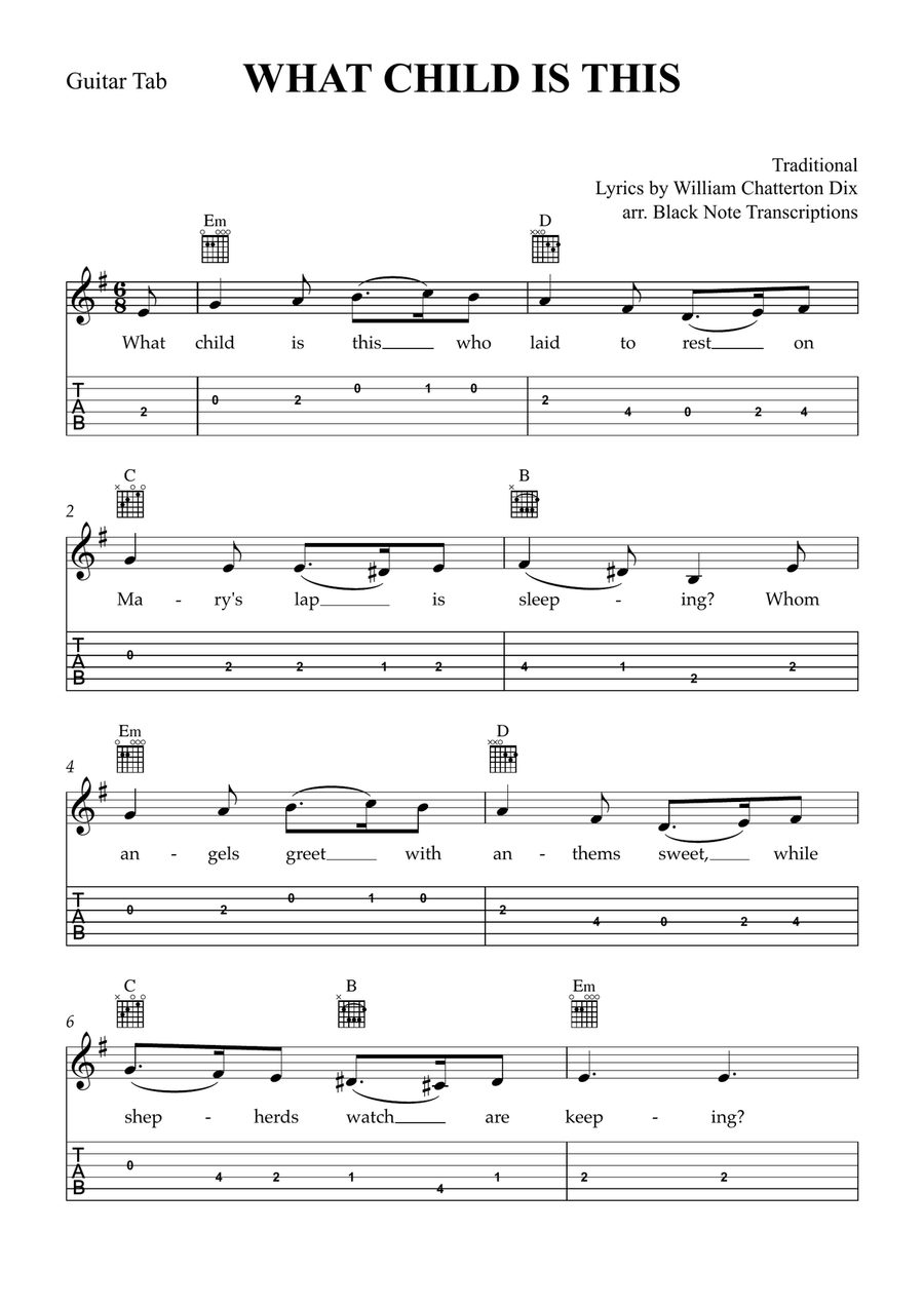 What Child is This (Guitar Tab Lead Sheet in E Minor) Guitar Tablature scores gallery preview page 1