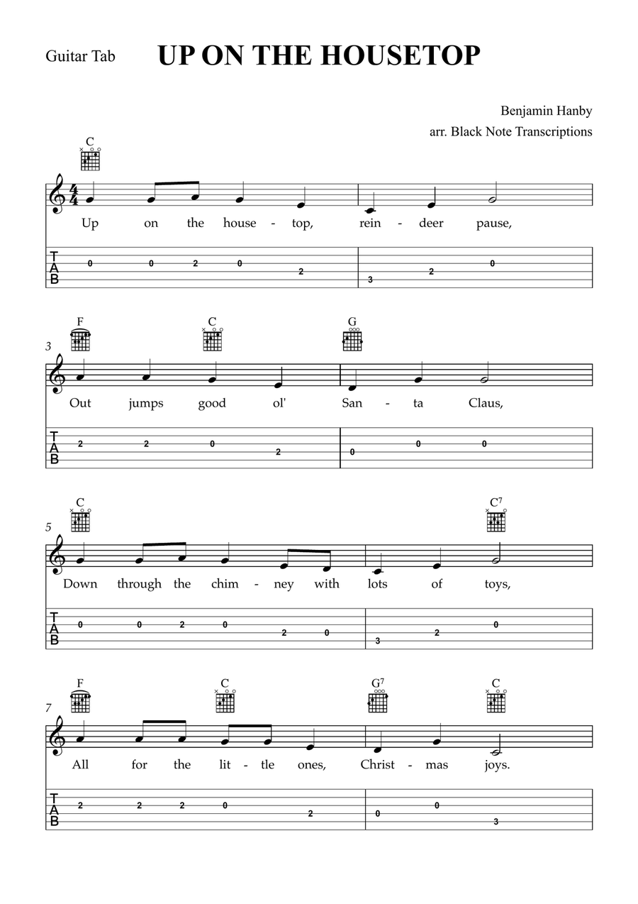 Up on the Housetop (Guitar Tab Lead Sheet in C Major) Guitar Tablature scores gallery preview page 1