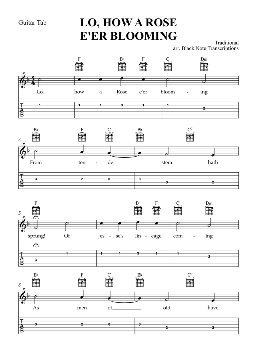 Lo, How a Rose E'er Blooming (Guitar Tab Lead Sheet in F Major) Classical Guitar scores gallery preview page 1
