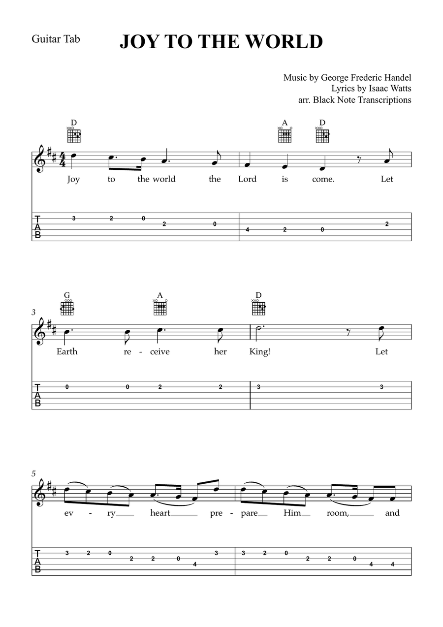 Joy to the World (Guitar Tab Lead Sheet in D Major) Classical Guitar scores gallery preview page 1