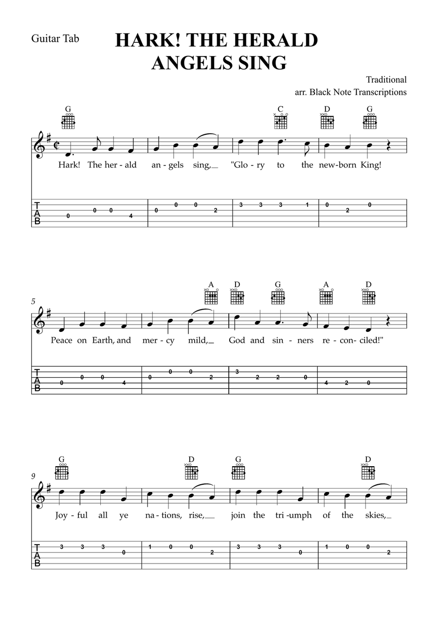 Hark! The Herald Angels Sing (Guitar Tab Lead Sheet in G Major) Guitar Tablature scores gallery preview page 1
