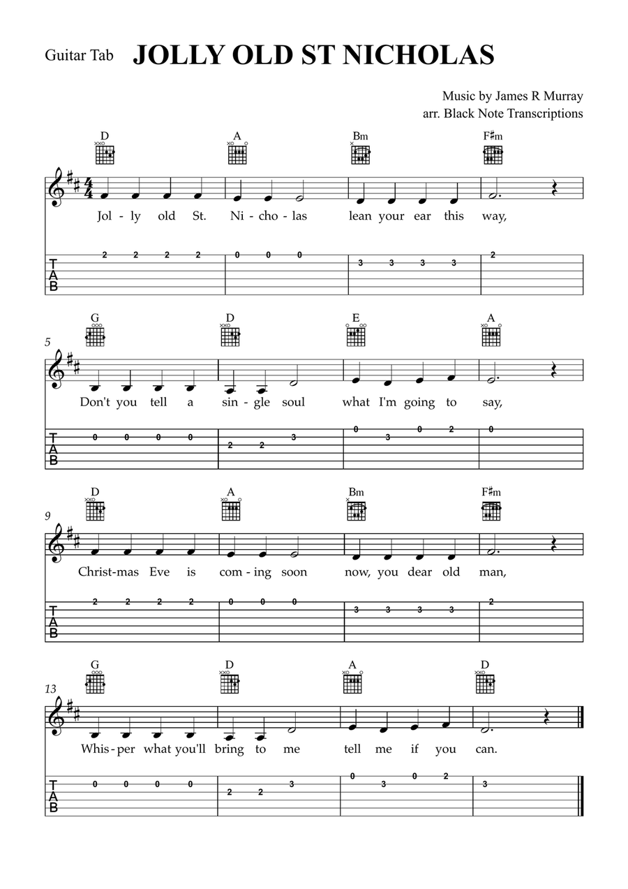Jolly Old St Nicholas (Guitar Tab Lead Sheet in D Major) Guitar Tablature scores gallery preview page 1