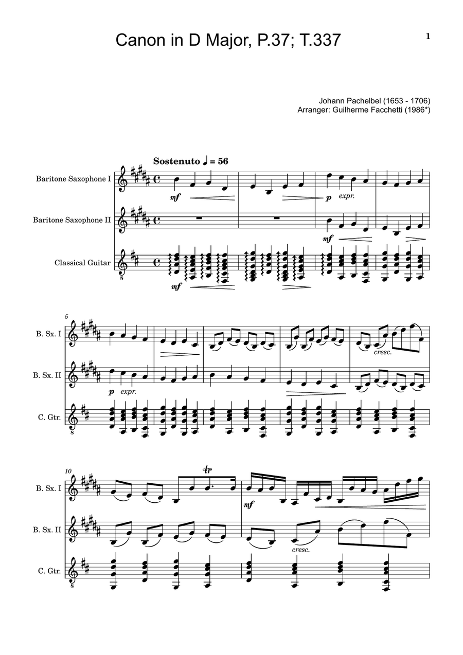 Canon in D Major, P.37; T.337. Arranged for Baritone Saxophone Duet and Guitar. Score and Parts Saxophone Duet scores gallery preview page 1