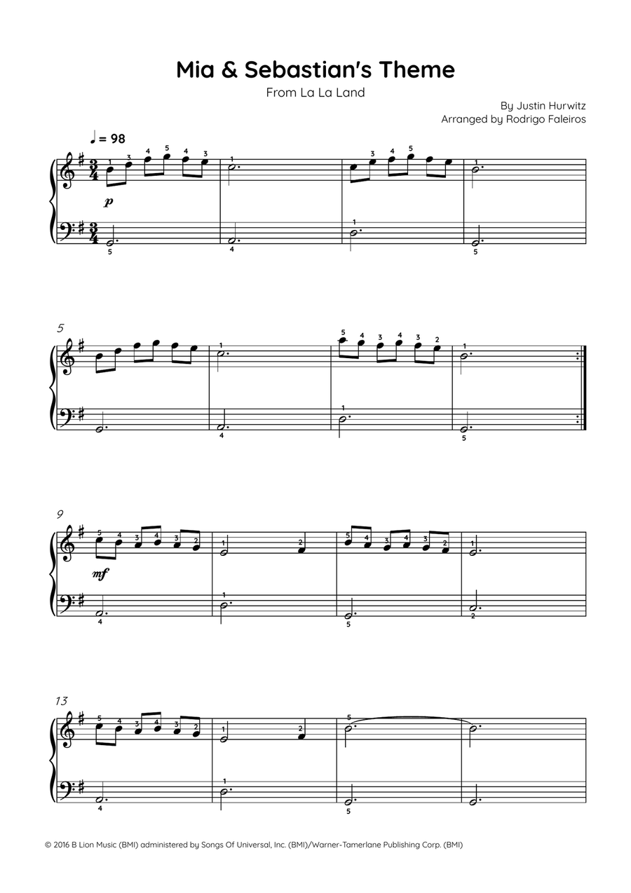 Mia & Sebastian's Theme Easy Piano scores gallery preview page 1