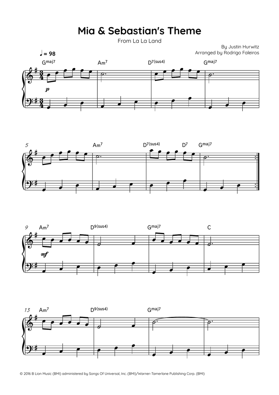 Mia & Sebastian's Theme Easy Piano scores gallery preview page 1