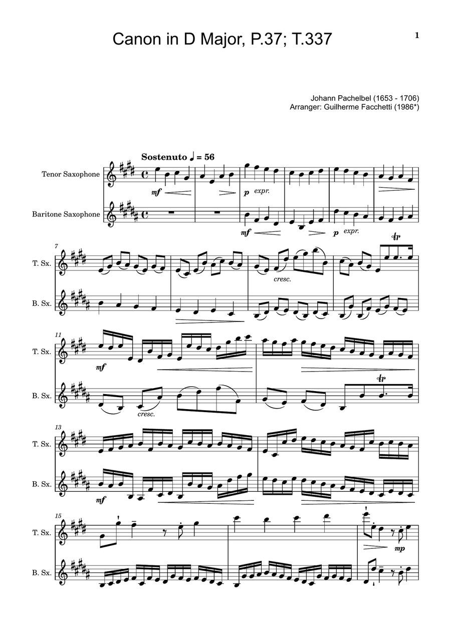 Canon in D Major, P.37; T.337. Arranged for Tenor and Baritone Saxophone Woodwind Duet scores gallery preview page 1