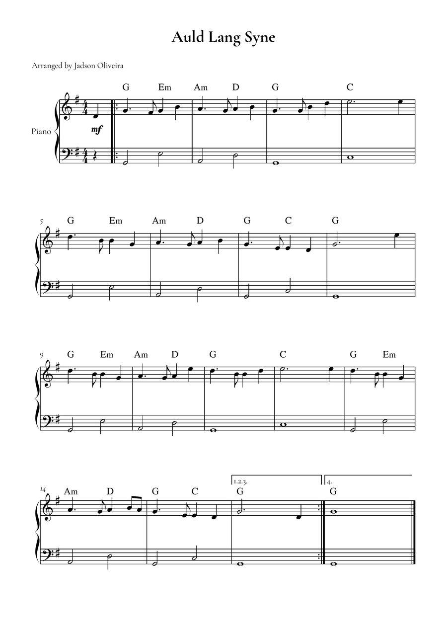 Auld Lang Syne - with Chords Easy Piano scores gallery preview page 1