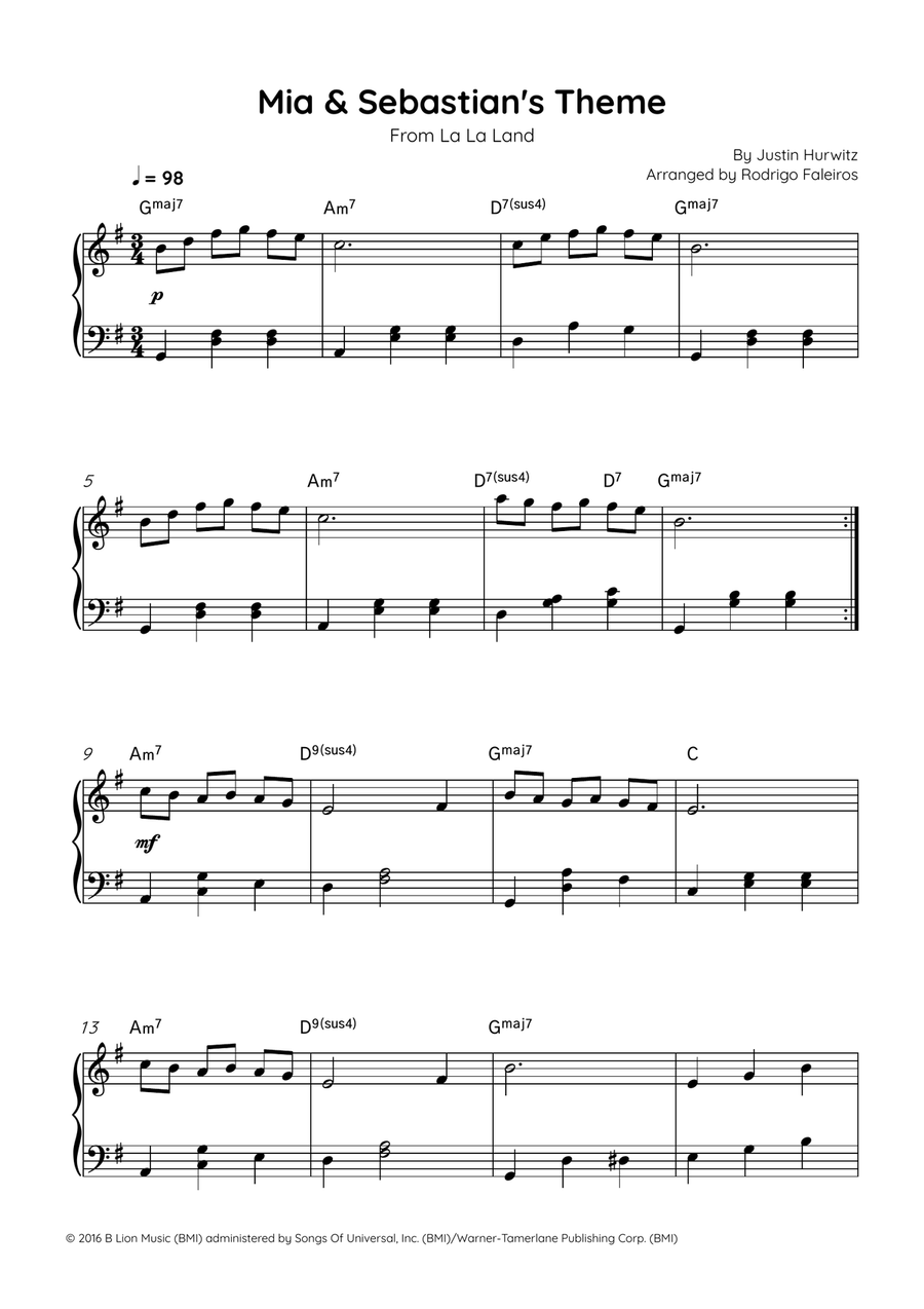 Mia & Sebastian's Theme Easy Piano scores gallery preview page 1
