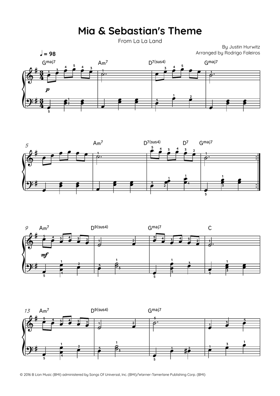 Mia & Sebastian's Theme Easy Piano scores gallery preview page 1