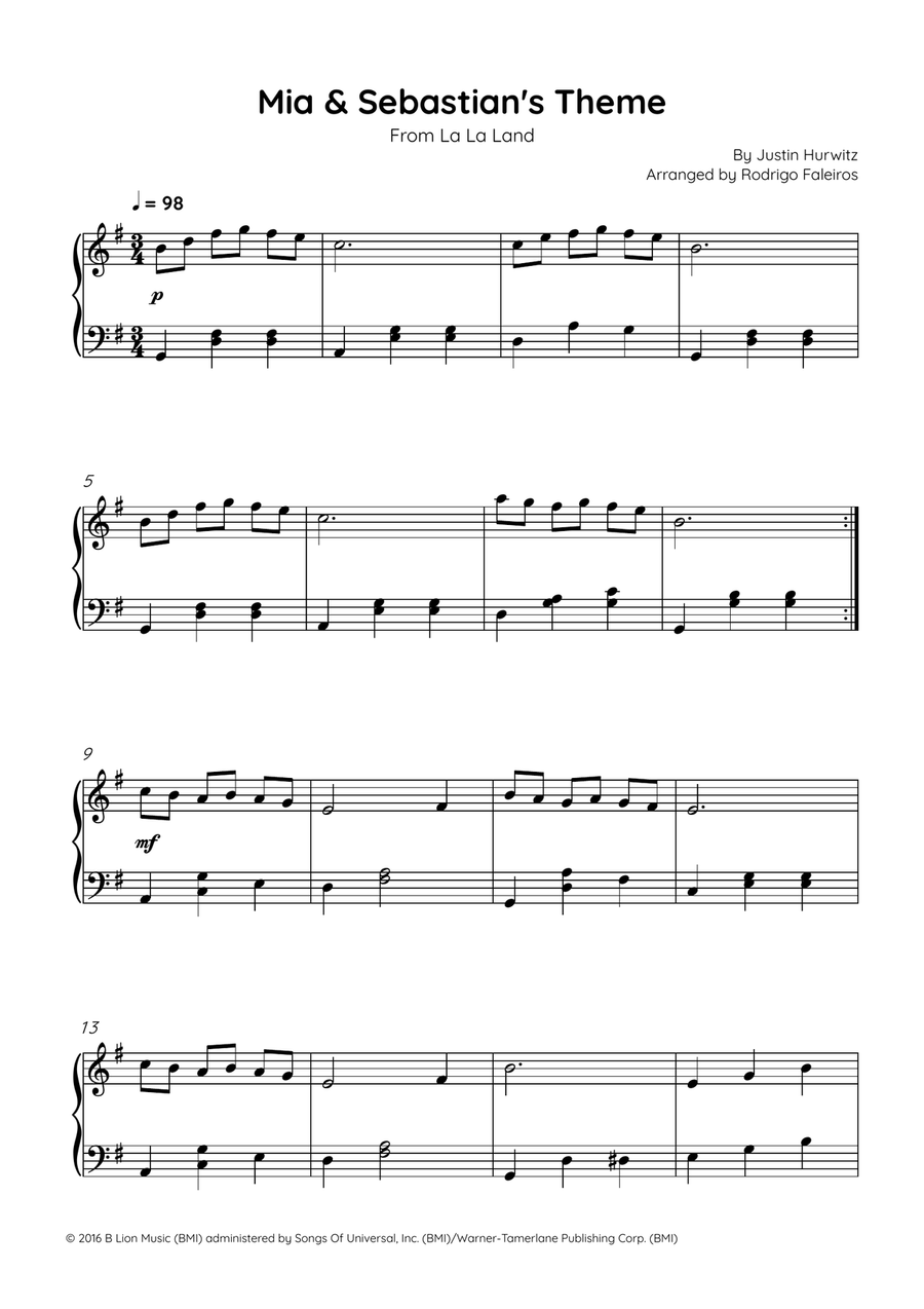 Mia & Sebastian's Theme Easy Piano scores gallery preview page 1