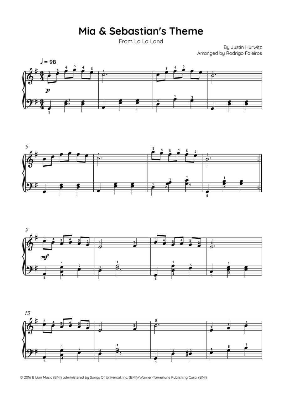Mia & Sebastian's Theme Easy Piano scores gallery preview page 1