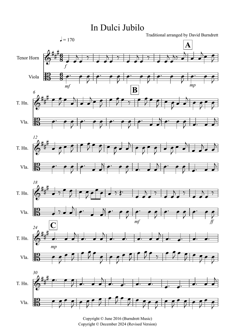 In Dulci Jubilo for Tenor Horn and Viola Duet Horn scores gallery preview page 1