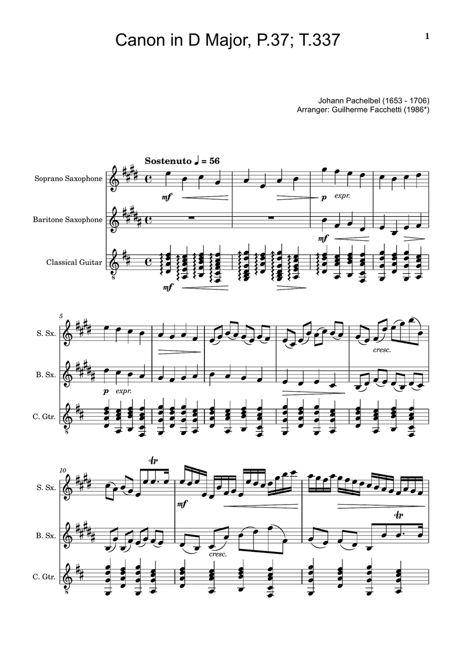 Canon in D Major, P.37; T.337. Arranged for Soprano, Baritone Saxophone and Guitar. Score and Parts Chamber Music scores gallery preview page 1
