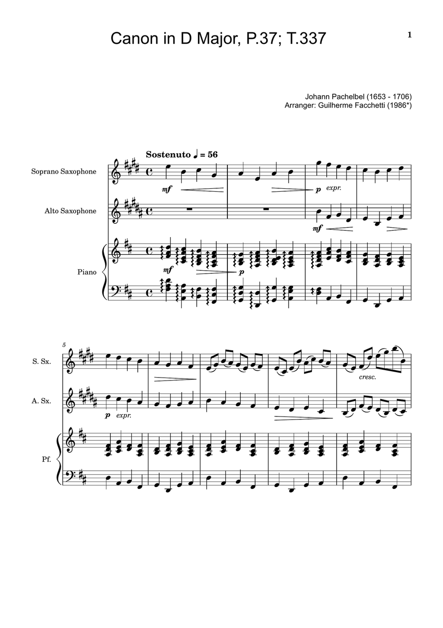Canon in D Major, P.37; T.337. Arranged for Soprano, Alto Saxophone and Piano. Score and Parts Woodwind Duet scores gallery preview page 1