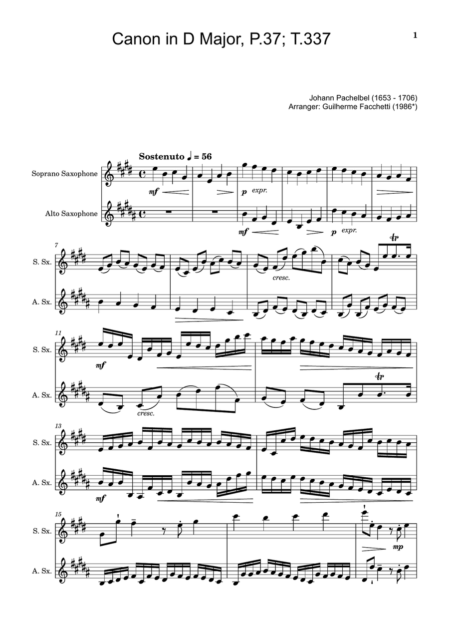 Canon in D Major, P.37; T.337. Arranged for Soprano and Alto Saxophone Woodwind Duet scores gallery preview page 1