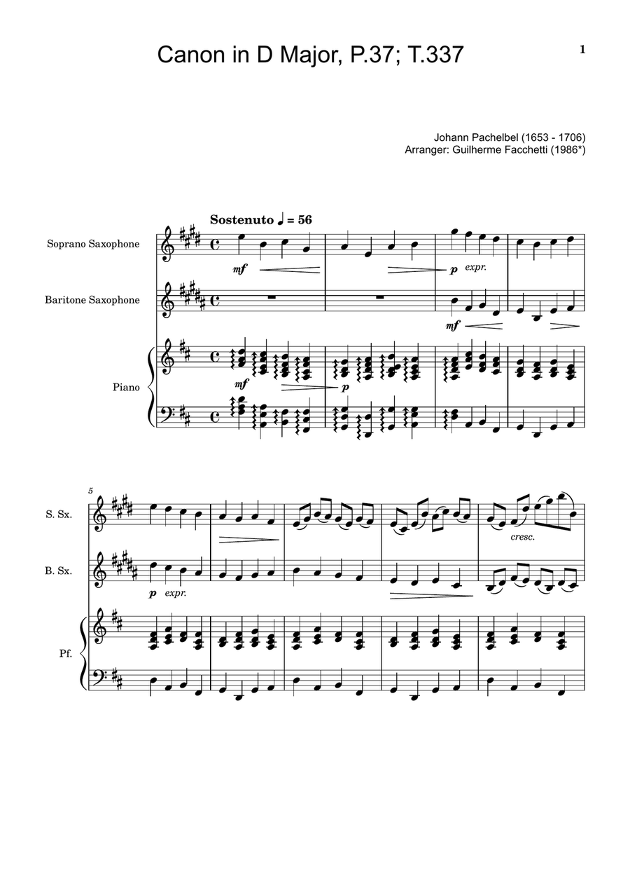 Canon in D Major, P.37; T.337. Arranged for Soprano, Baritone Saxophone and Piano. Score and Parts Woodwind Duet scores gallery preview page 1