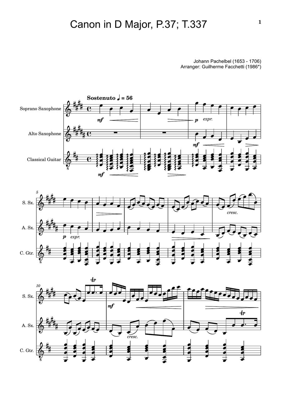 Canon in D Major, P.37; T.337. Arranged for Soprano, Alto Saxophone and Guitar. Score and Parts Chamber Music scores gallery preview page 1