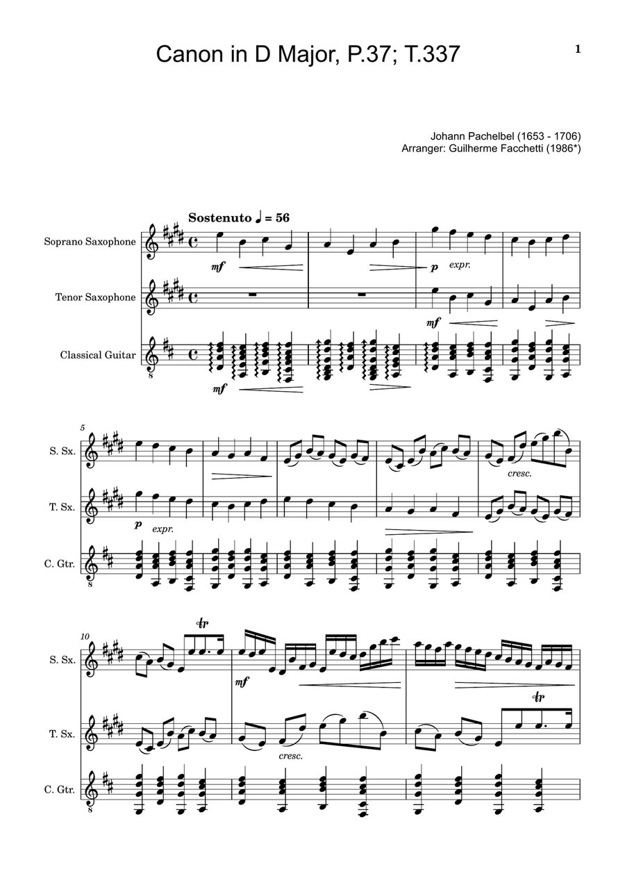 Canon in D Major, P.37; T.337. Arranged for Soprano, Tenor Saxophone and Guitar. Score and Parts Chamber Music scores gallery preview page 1
