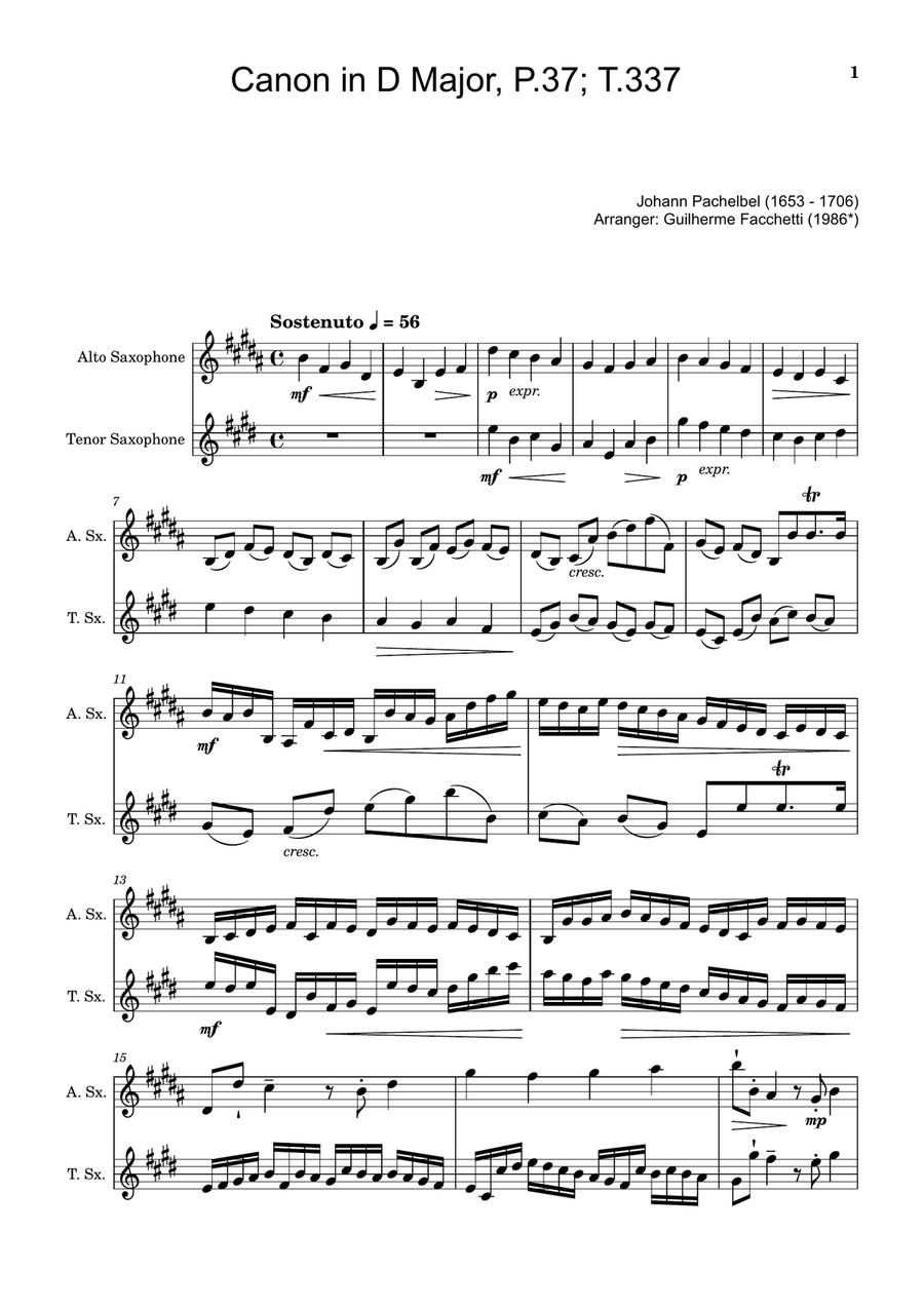 Canon in D Major, P.37; T.337. Arranged for Alto and Tenor Saxophone. Woodwind Duet scores gallery preview page 1