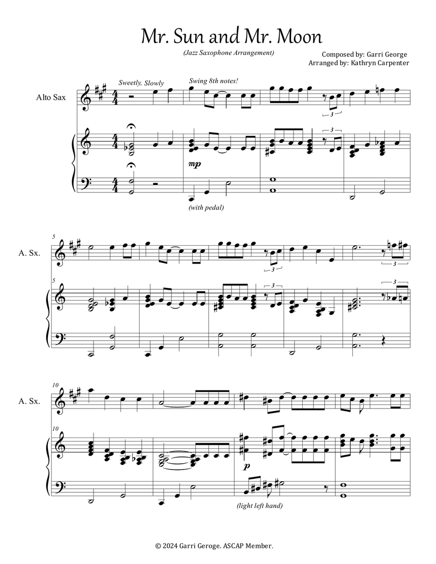 Mr. Sun and Mr. Moon (Jazz Saxophone) Alto Saxophone scores gallery preview page 1