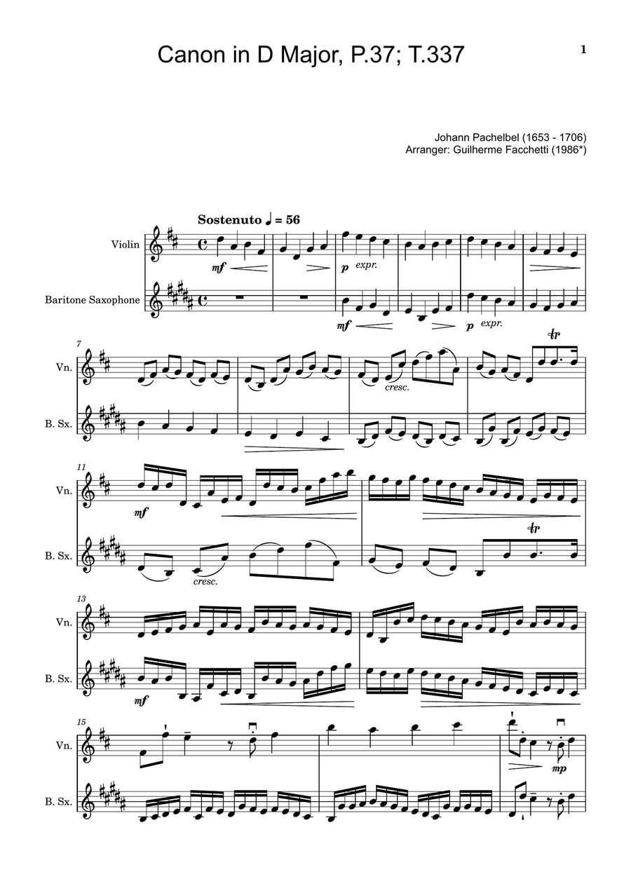 Canon in D Major, P.37; T.337. Arranged for Violin and Baritone Saxophone Chamber Music scores gallery preview page 1